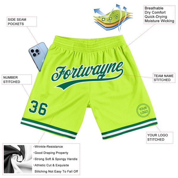 Custom Neon Green Kelly Green-White Authentic Throwback Basketball Shorts alternate