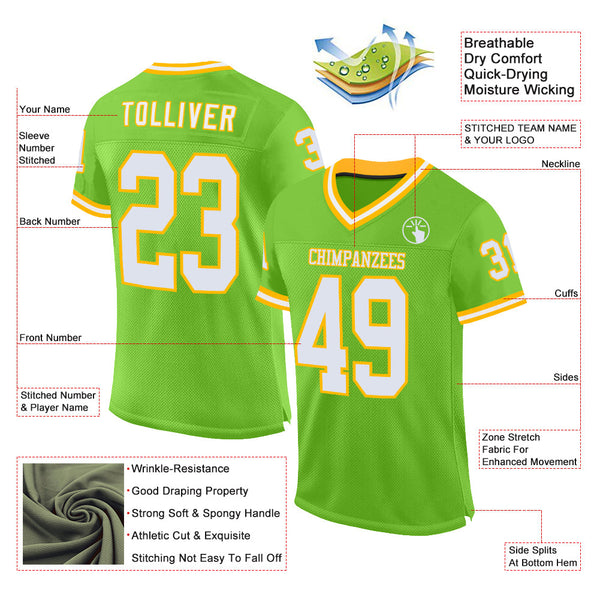 Custom Neon Green White-Gold Mesh Authentic Throwback Football Jersey alternate