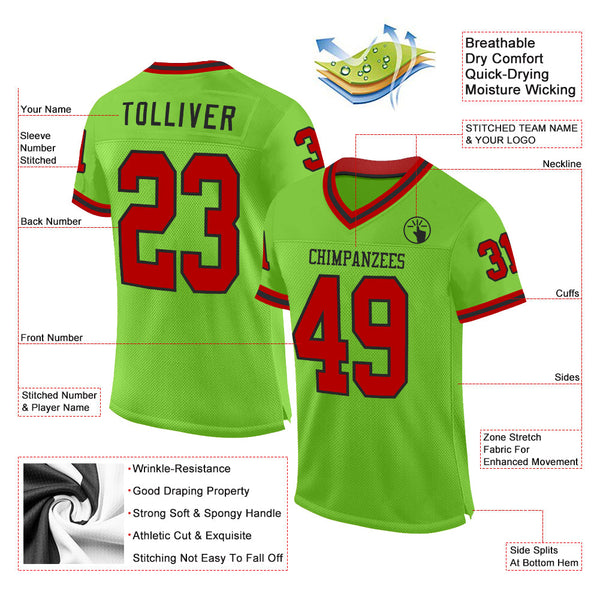 Custom Neon Green Red-Black Mesh Authentic Throwback Football Jersey alternate