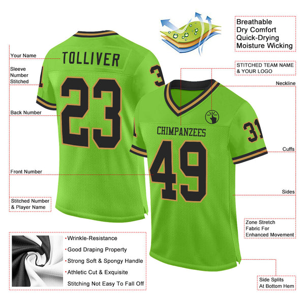 Custom Neon Green Black-Old Gold Mesh Authentic Throwback Football Jersey alternate