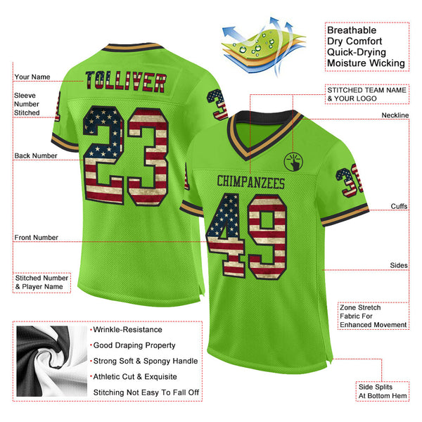 Custom Neon Green Vintage USA Flag Black-Old Gold Mesh Authentic Throwback Football Jersey alternate