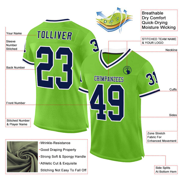 Custom Neon Green Navy-White Mesh Authentic Throwback Football Jersey alternate