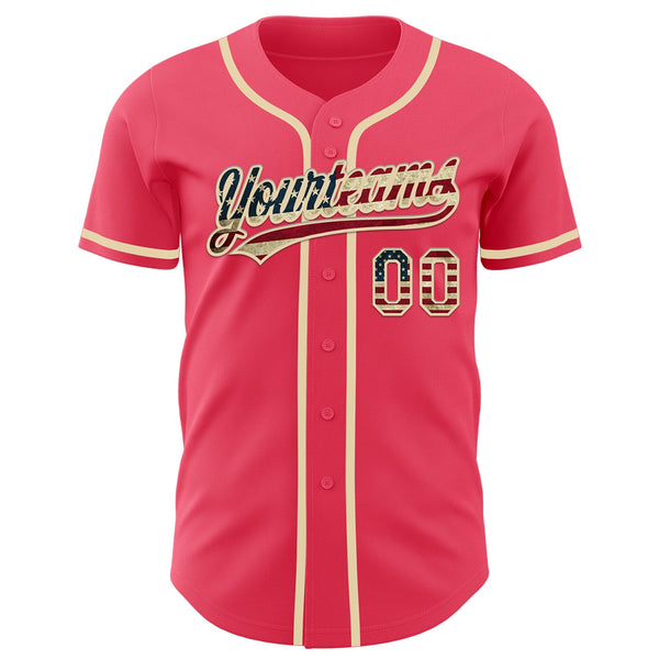 Custom Neon Pink Vintage USA Flag-Cream Authentic Baseball Jersey alternate