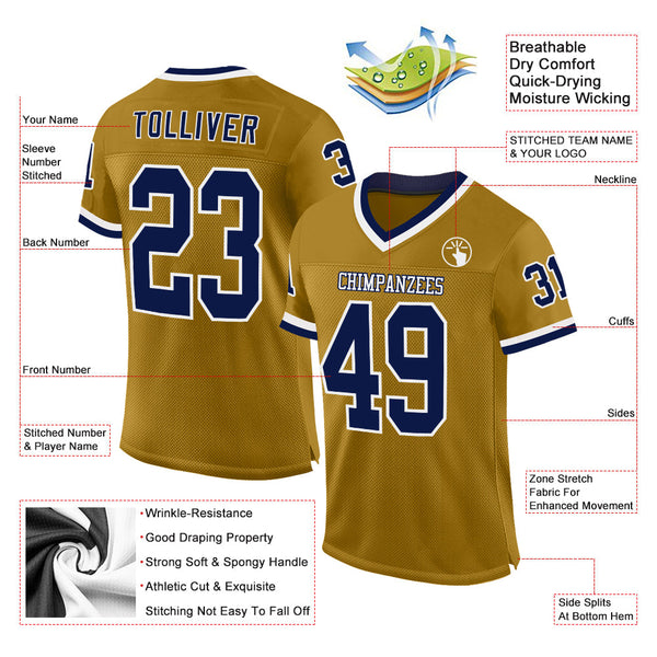 Custom Old Gold Navy-White Mesh Authentic Throwback Football Jersey alternate