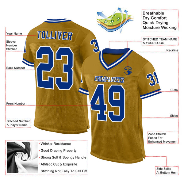 Custom Old Gold Royal-White Mesh Authentic Throwback Football Jersey alternate