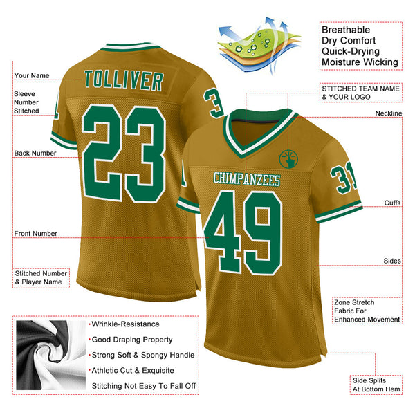 Custom Old Gold Kelly Green-White Mesh Authentic Throwback Football Jersey alternate
