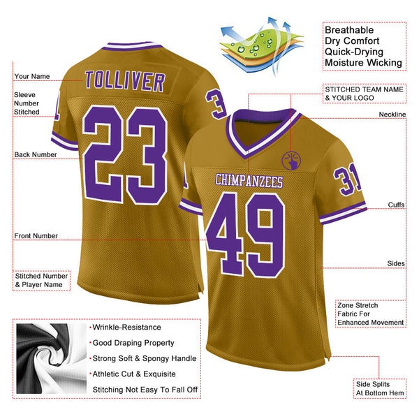 Custom Old Gold Purple-White Mesh Authentic Throwback Football Jersey alternate