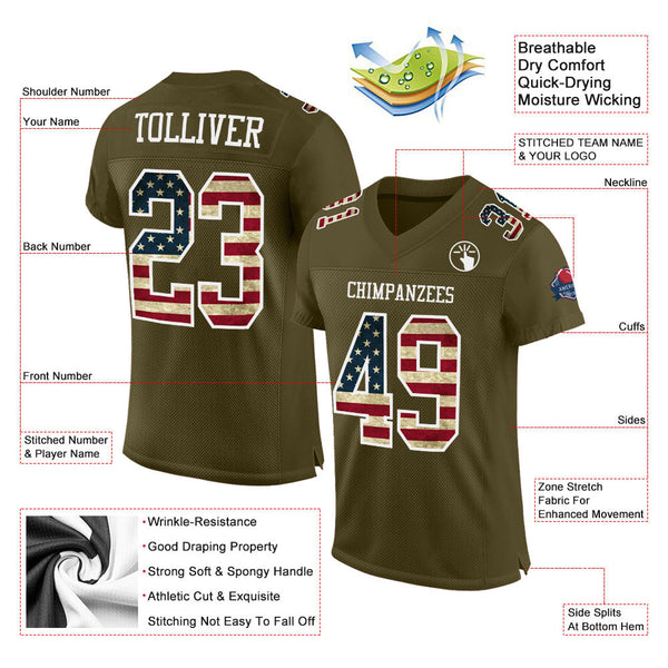Custom Olive Vintage USA Flag-White Mesh Authentic Salute To Service Football Jersey alternate