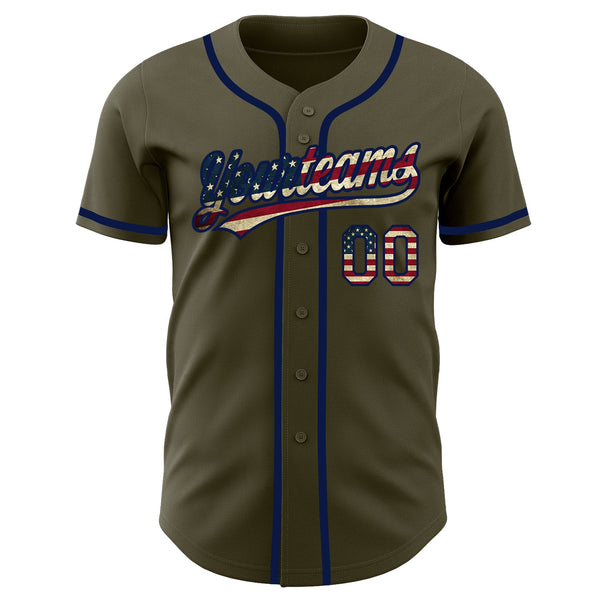 Custom Olive Vintage USA Flag-Navy Authentic Salute To Service Baseball Jersey alternate