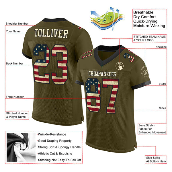 Custom Olive Vintage USA Flag Cream-Black Mesh Authentic Salute To Service Football Jersey alternate