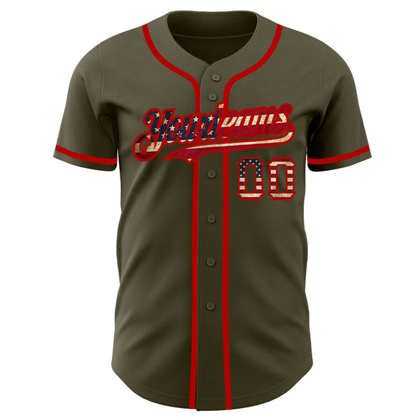 Custom Olive Vintage USA Flag-Red Authentic Salute To Service Baseball Jersey alternate