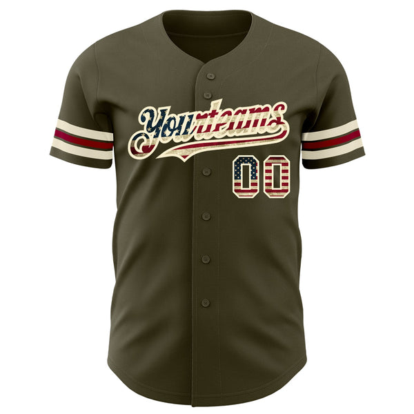 Custom Olive Vintage USA Flag Cream-Crimson Authentic Salute To Service Baseball Jersey alternate