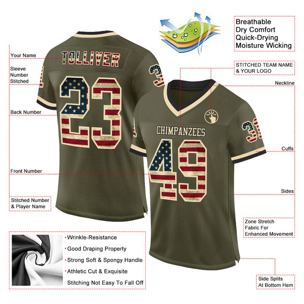 Custom Olive Vintage USA Flag Cream-Black Mesh Authentic Throwback Salute To Service Football Jersey alternate