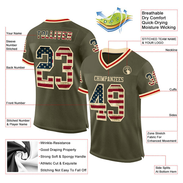 Custom Olive Vintage USA Flag Cream-Red Mesh Authentic Throwback Salute To Service Football Jersey alternate