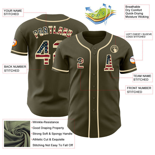 Custom Olive Vintage USA Flag-Cream Authentic Salute To Service Baseball Jersey alternate