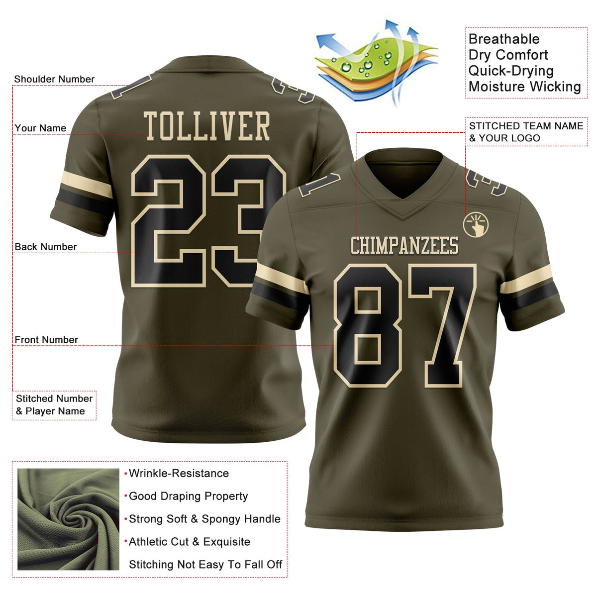 Custom Olive Black-Cream Authentic Salute To Service Football Jersey - Front