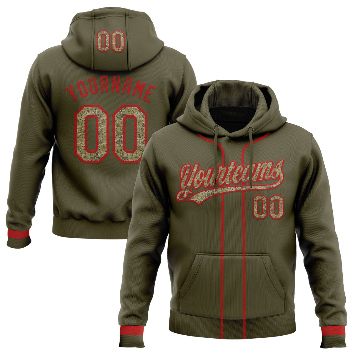 Custom Stitched Olive Camo-Red Baseball Pullover Sweatshirt Hoodie
