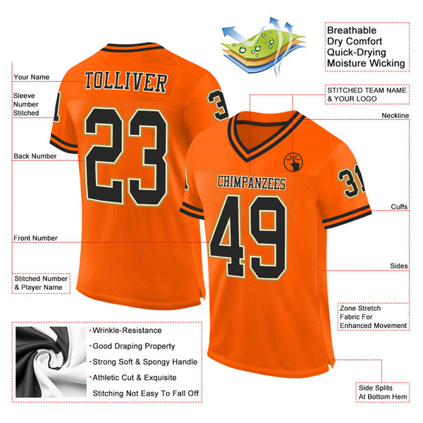 Custom Orange Black-Old Gold Mesh Authentic Throwback Football Jersey alternate
