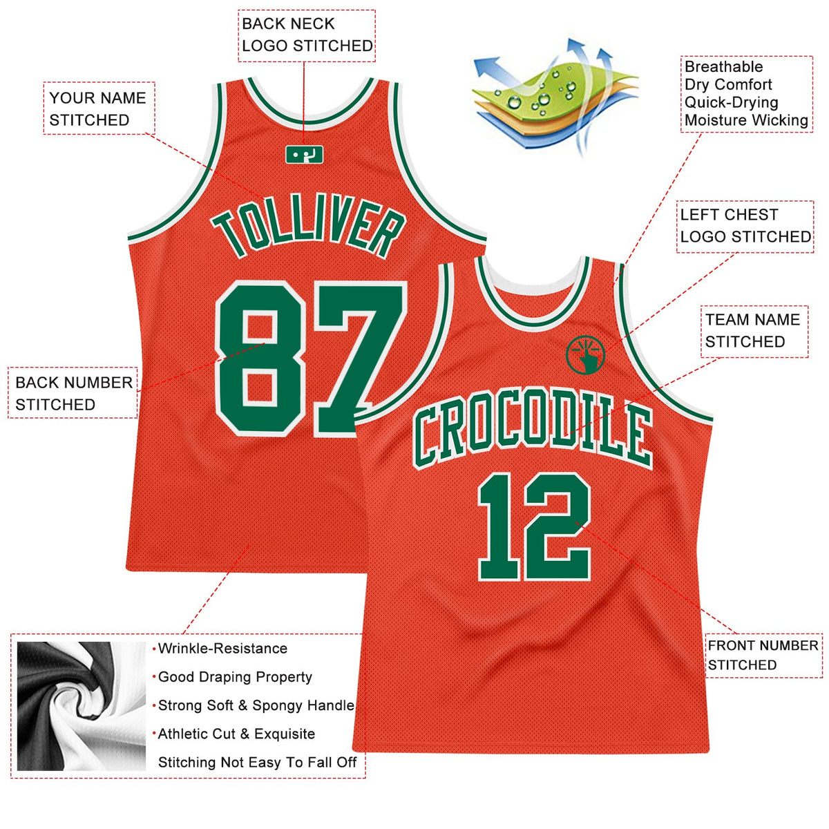 Custom Orange Kelly Green-White Authentic Throwback Basketball Jersey - Back