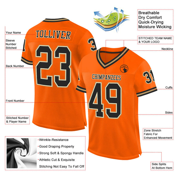 Custom Orange Black-Old Gold Mesh Authentic Throwback Football Jersey alternate