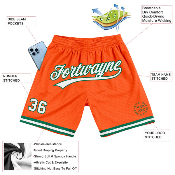 Custom Orange White-Kelly Green Authentic Throwback Basketball Shorts alternate