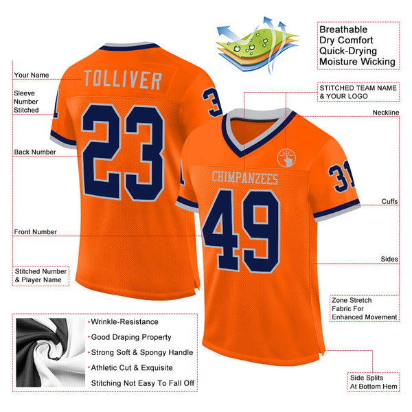 Custom Orange Navy-Gray Mesh Authentic Throwback Football Jersey alternate