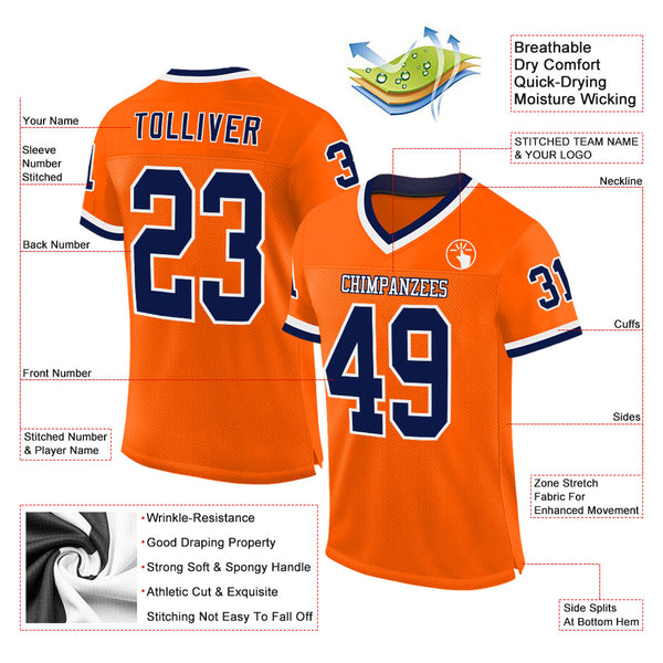 Custom Orange Navy-White Mesh Authentic Throwback Football Jersey alternate