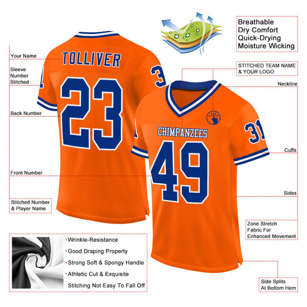 Custom Orange Royal-White Mesh Authentic Throwback Football Jersey alternate