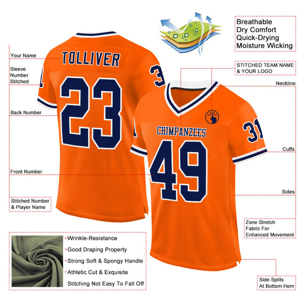Custom Orange Navy-White Mesh Authentic Throwback Football Jersey alternate