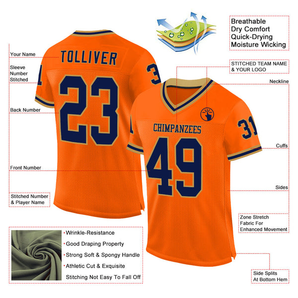 Custom Orange Navy-Old Gold Mesh Authentic Throwback Football Jersey alternate