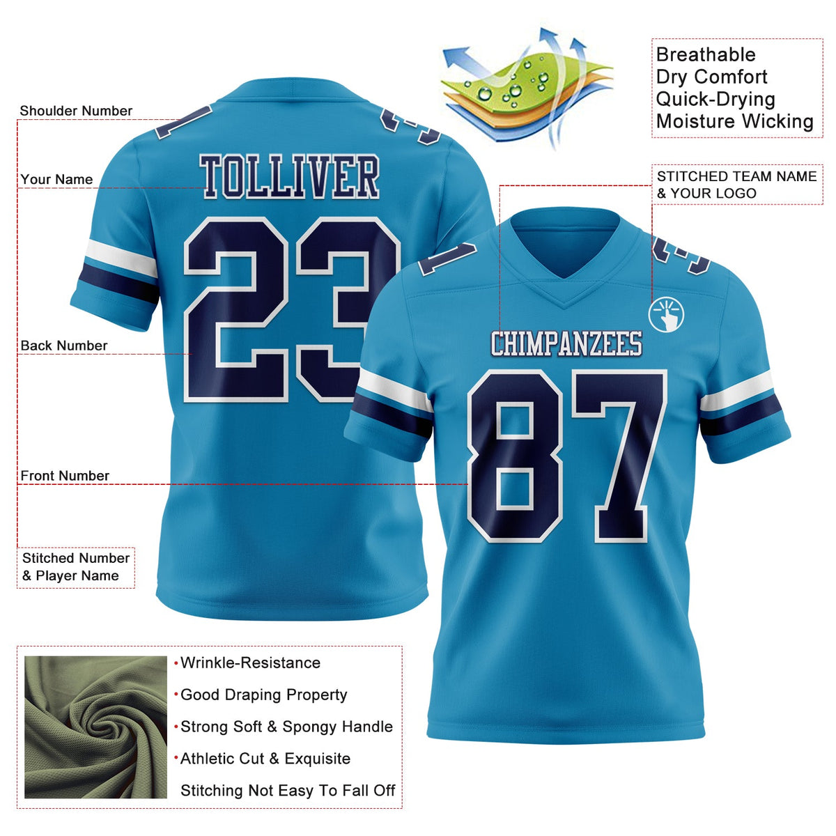 Custom Panther Blue Navy-White Authentic Football Jersey - Front