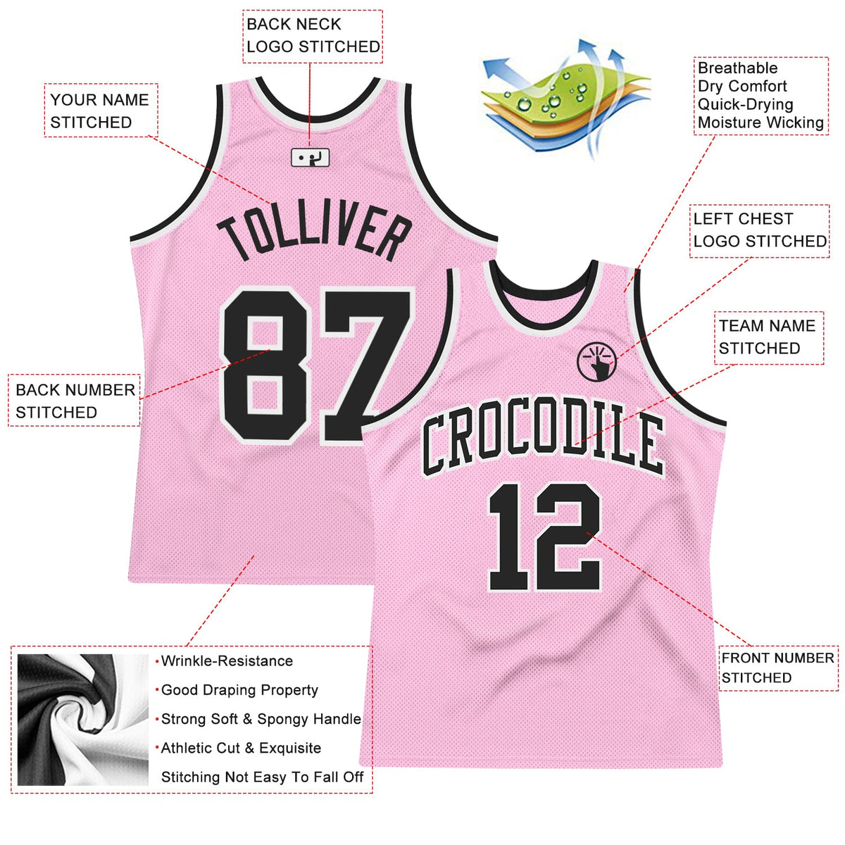 Custom Light Pink Black-White Authentic Throwback Basketball Jersey - Back
