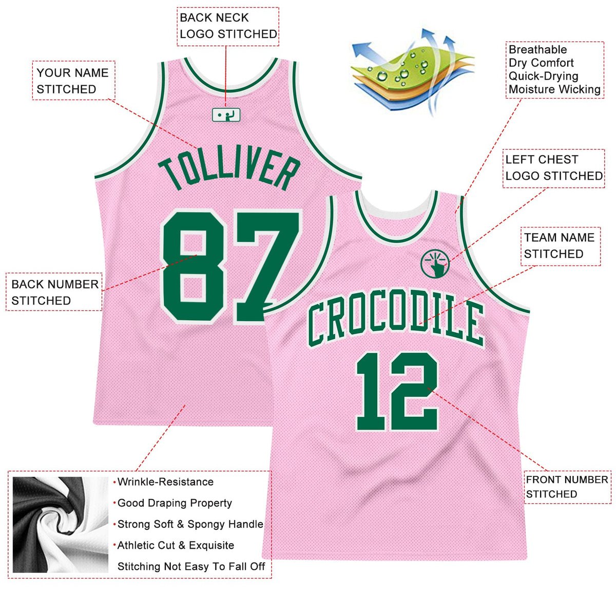 Custom Light Pink Kelly Green-White Authentic Throwback Basketball Jersey - Back