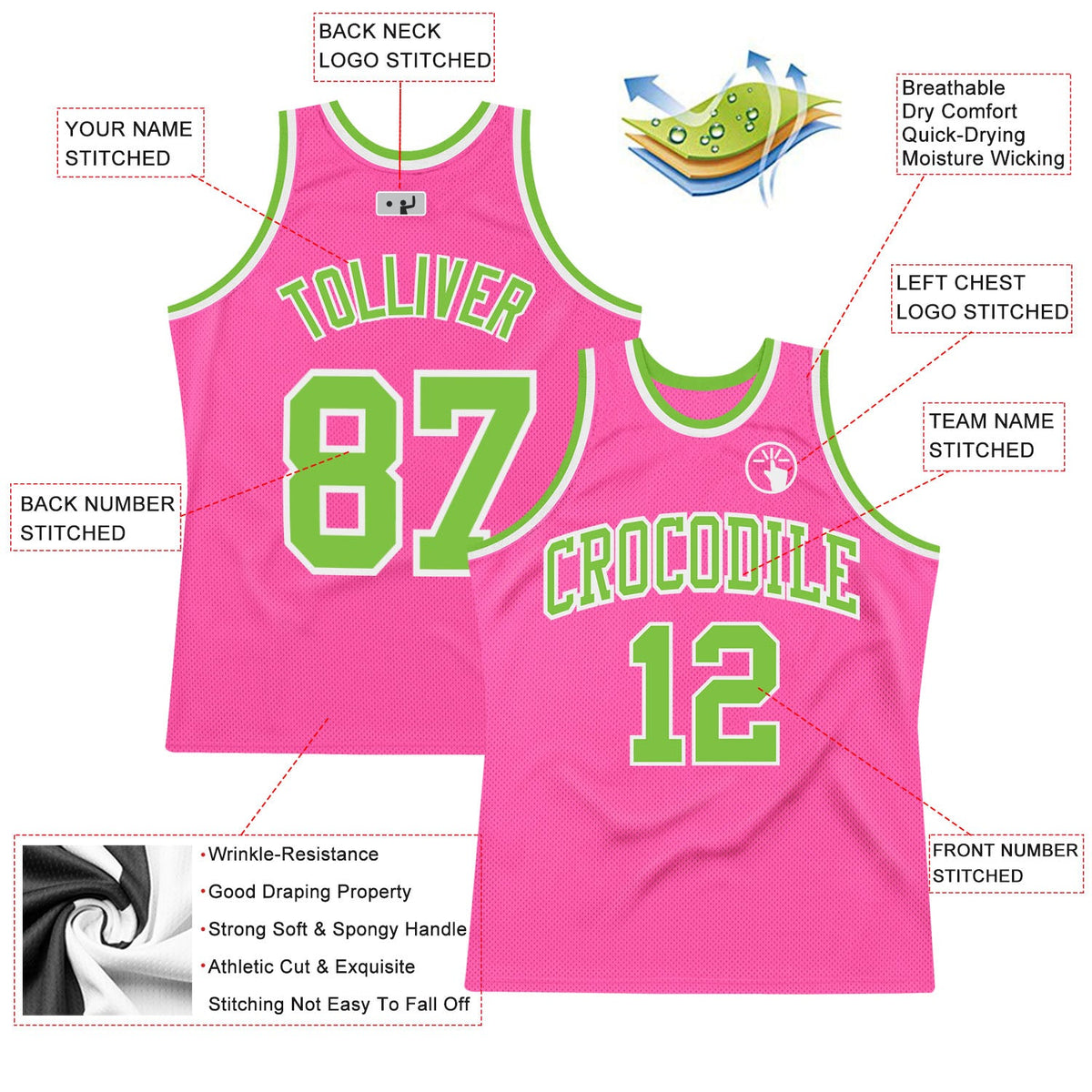 Custom Pink Neon Green-White Authentic Throwback Basketball Jersey - Front