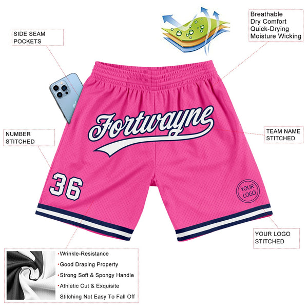 Custom Pink White-Navy Authentic Throwback Basketball Shorts alternate