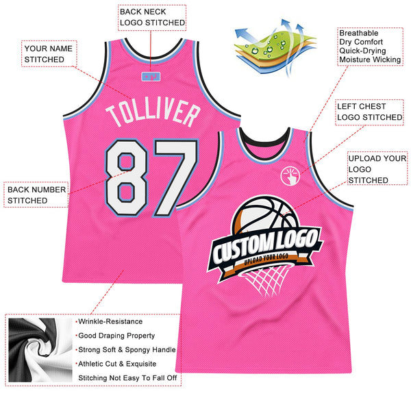 Custom Pink White Black-Light Blue Authentic Throwback Basketball Jersey alternate