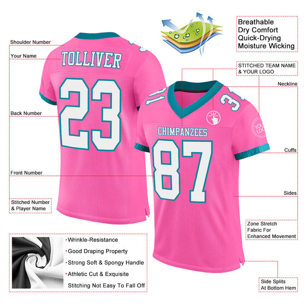 Custom Pink White-Teal Mesh Authentic Football Jersey alternate