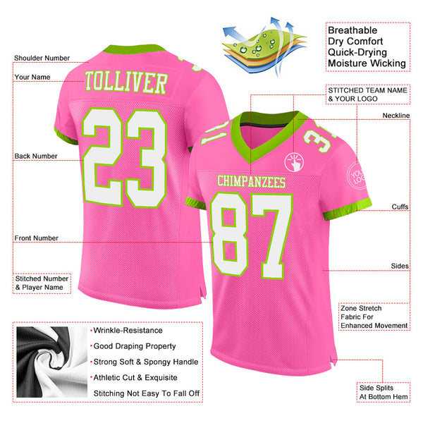 Custom Pink White-Neon Green Mesh Authentic Football Jersey alternate