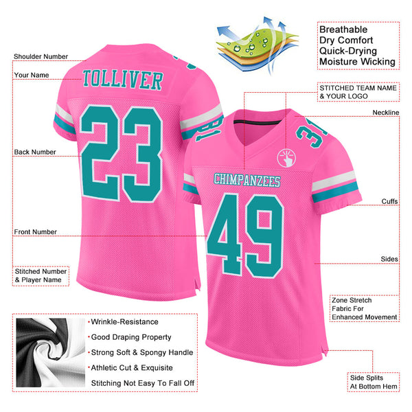 Custom Pink Teal-White Mesh Authentic Football Jersey alternate