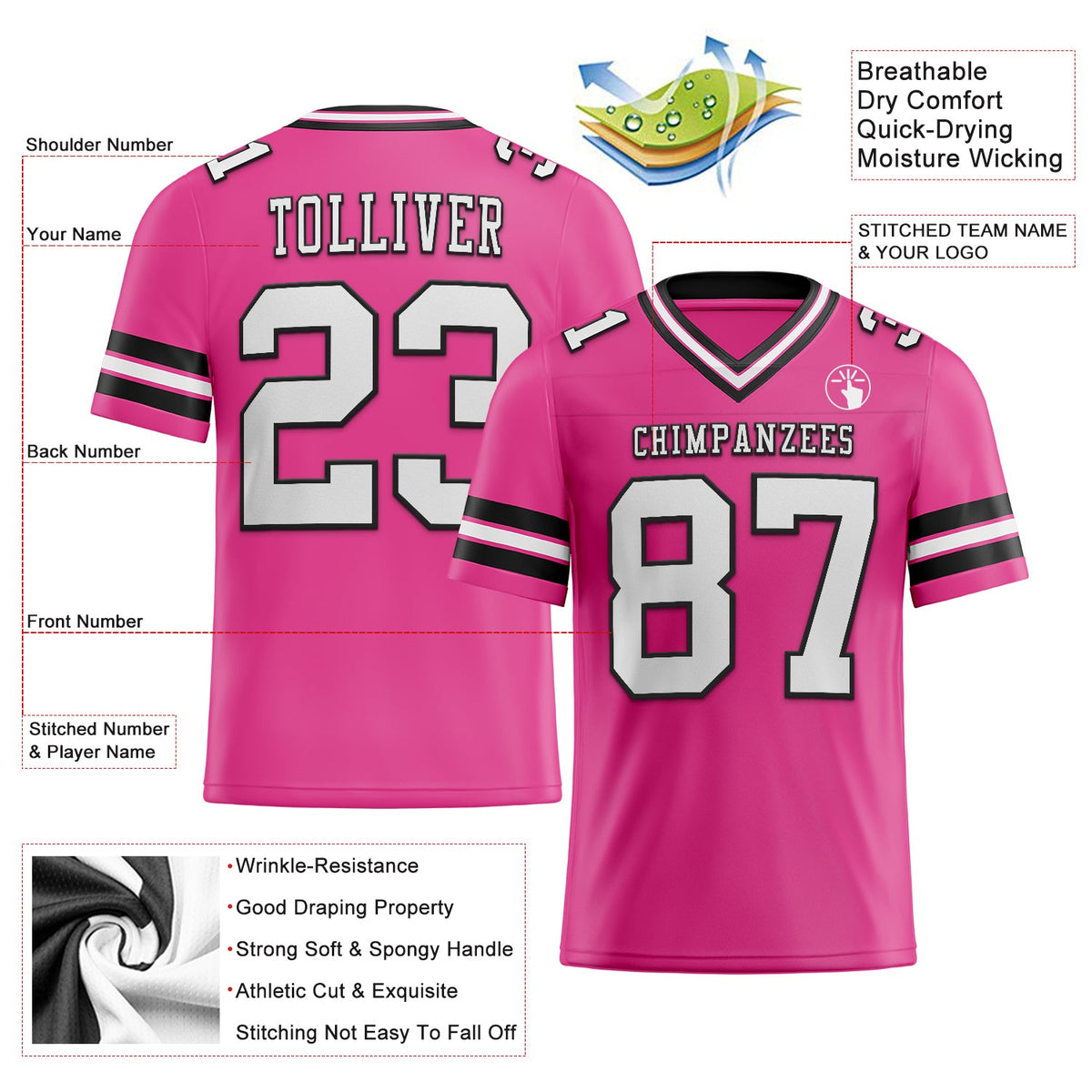 Custom Pink White-Black Authentic Football Jersey - Back