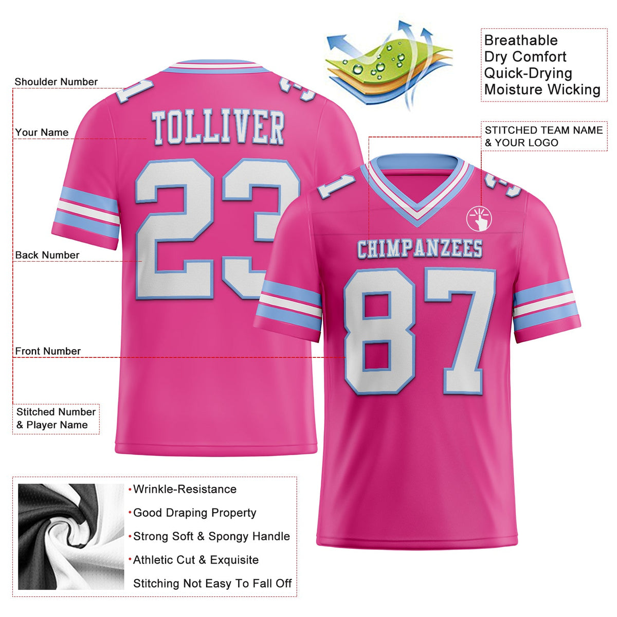 Custom Pink White-Light Blue Authentic Football Jersey - Back
