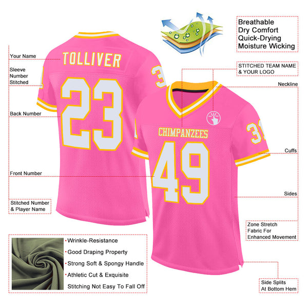 Custom Pink White-Gold Mesh Authentic Throwback Football Jersey alternate