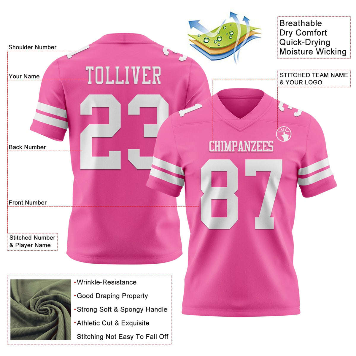 Custom Pink White Authentic Football Jersey - Front