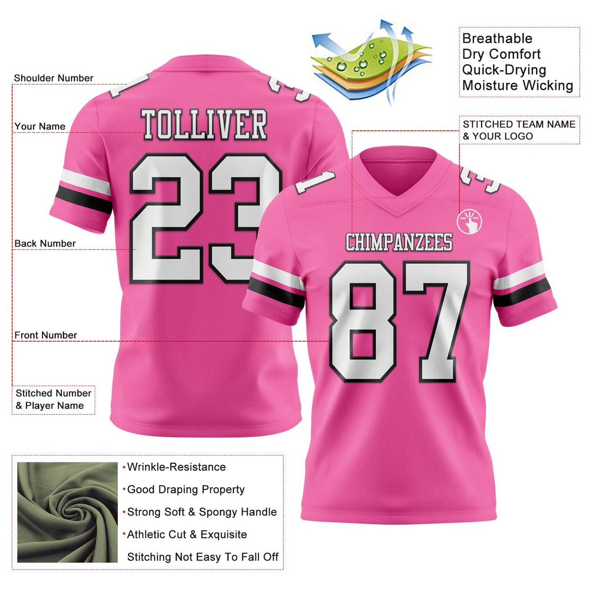 Custom Pink White-Black Authentic Football Jersey - Front