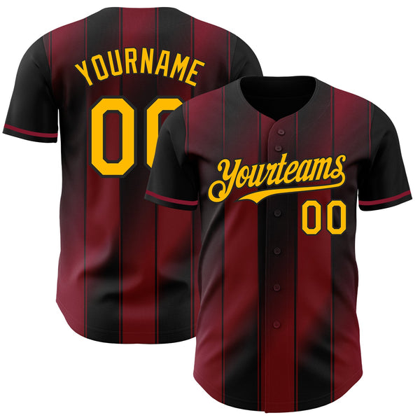 Custom Black Gold-Crimson Gradient Classic Vertical Stripe Authentic Baseball Jersey