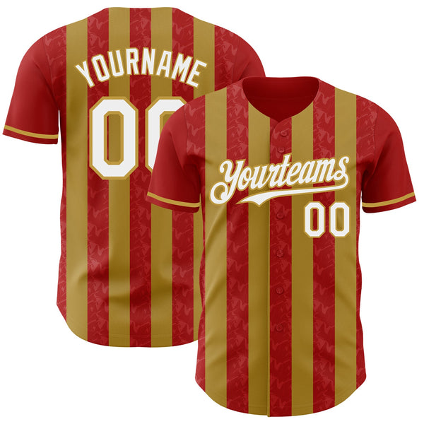 Custom Red White-Old Gold Classic Vertical Stripe Fluid Liquid Texture Authentic Baseball Jersey