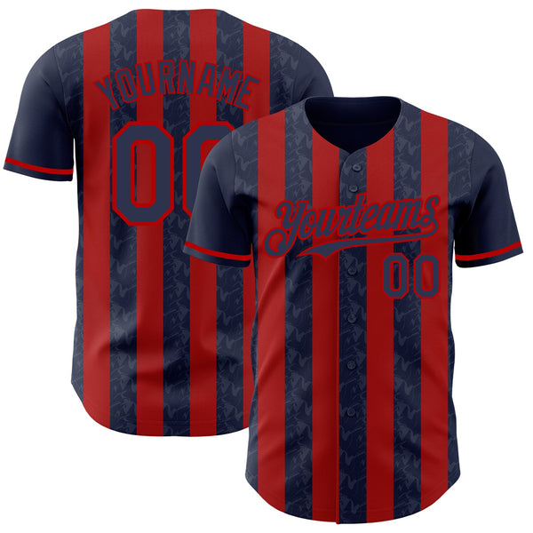 Custom Navy-Red Classic Vertical Stripe Fluid Liquid Texture Authentic Baseball Jersey