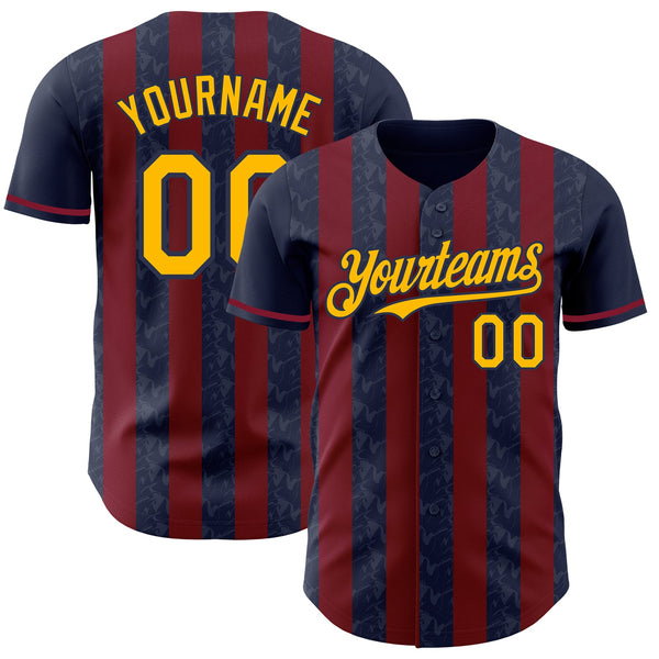 Custom Navy Gold-Crimson Classic Vertical Stripe Fluid Liquid Texture Authentic Baseball Jersey