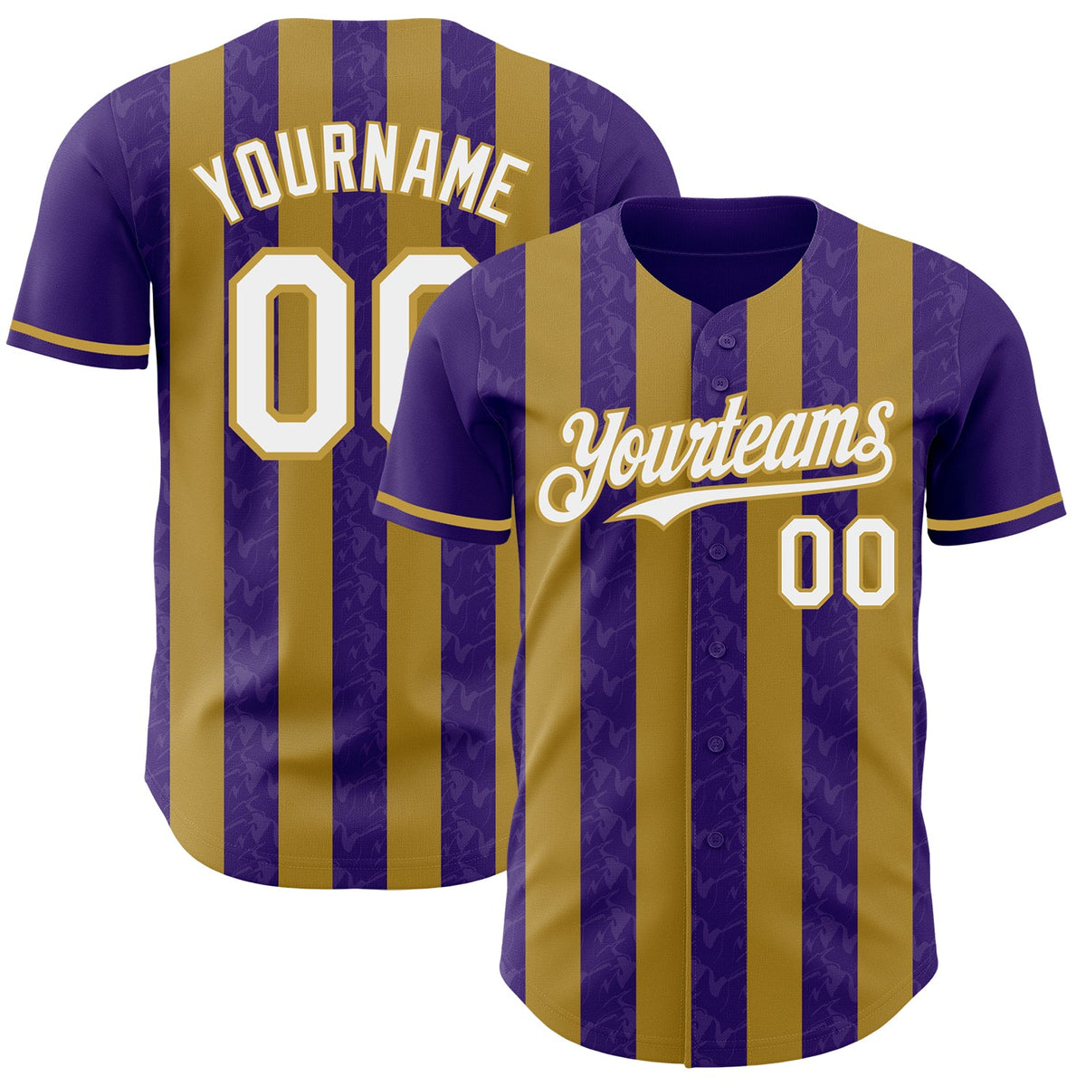 Custom Purple White-Old Gold Classic Vertical Stripe Fluid Liquid Texture Authentic Baseball Jersey