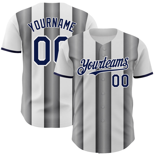 Custom White Navy-Steel Gray Gradient Vertical Stripe Argentina Style Authentic Baseball Jersey